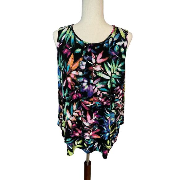 Rafaella black bright floral flowy overlay sleeveless shirt blouse womens medium - Picture 1 of 7